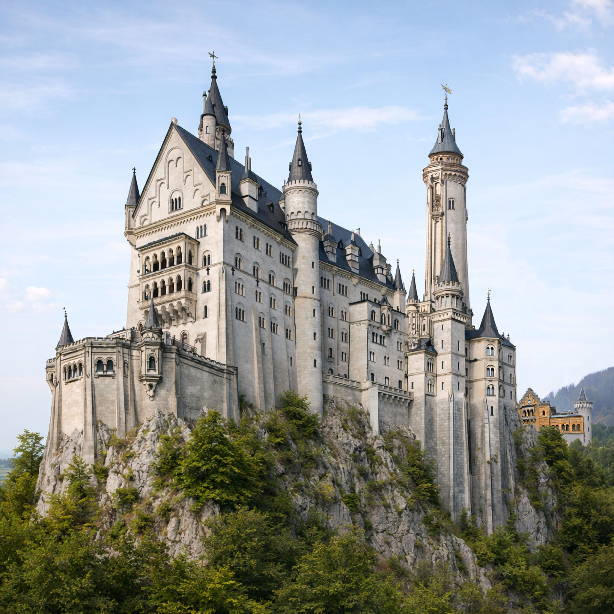 Neuschwanstein aus einer südlichen Unteransicht mit Terrassenvorbau
