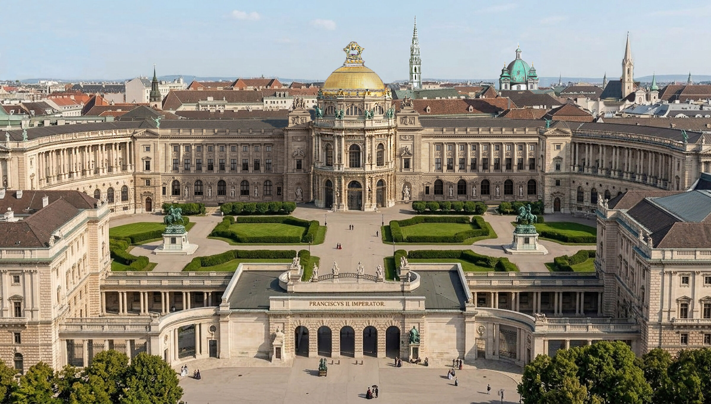 Der als Burgforum geschlossene Heldenplatz mit dem zentralen Thronsaaltrakt und der Hauptkuppel. Nur der rechte Flügel steht heute.
