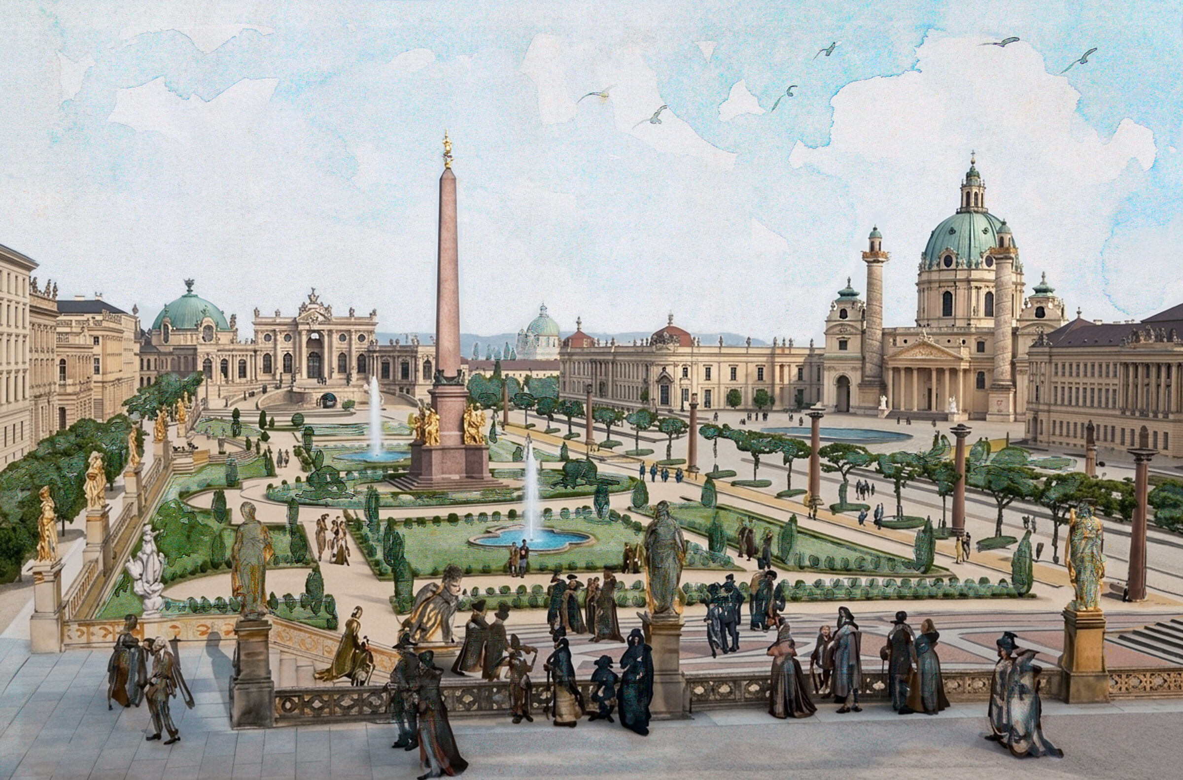 Der verbesserte Karlsplatz nach Ideen Schachners mit einer barocken Gartenanlage und Gloriette. Der Blick geht von der Hochterrasse des in gleicher Achse errichteten neuen Cafehauses aus.