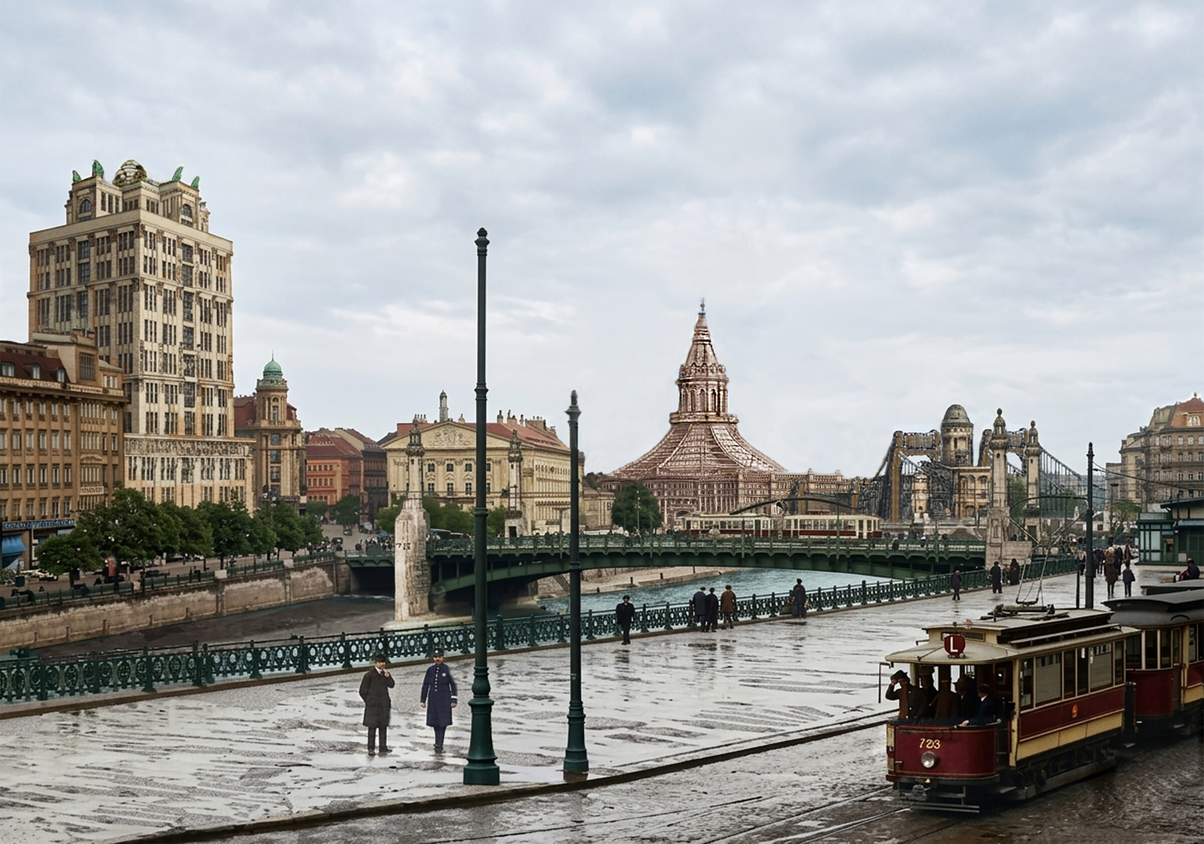 Blick über den Donaukanal Richtung Schwedenbrücke und neuem Hochhaus im Sezessionsstil
