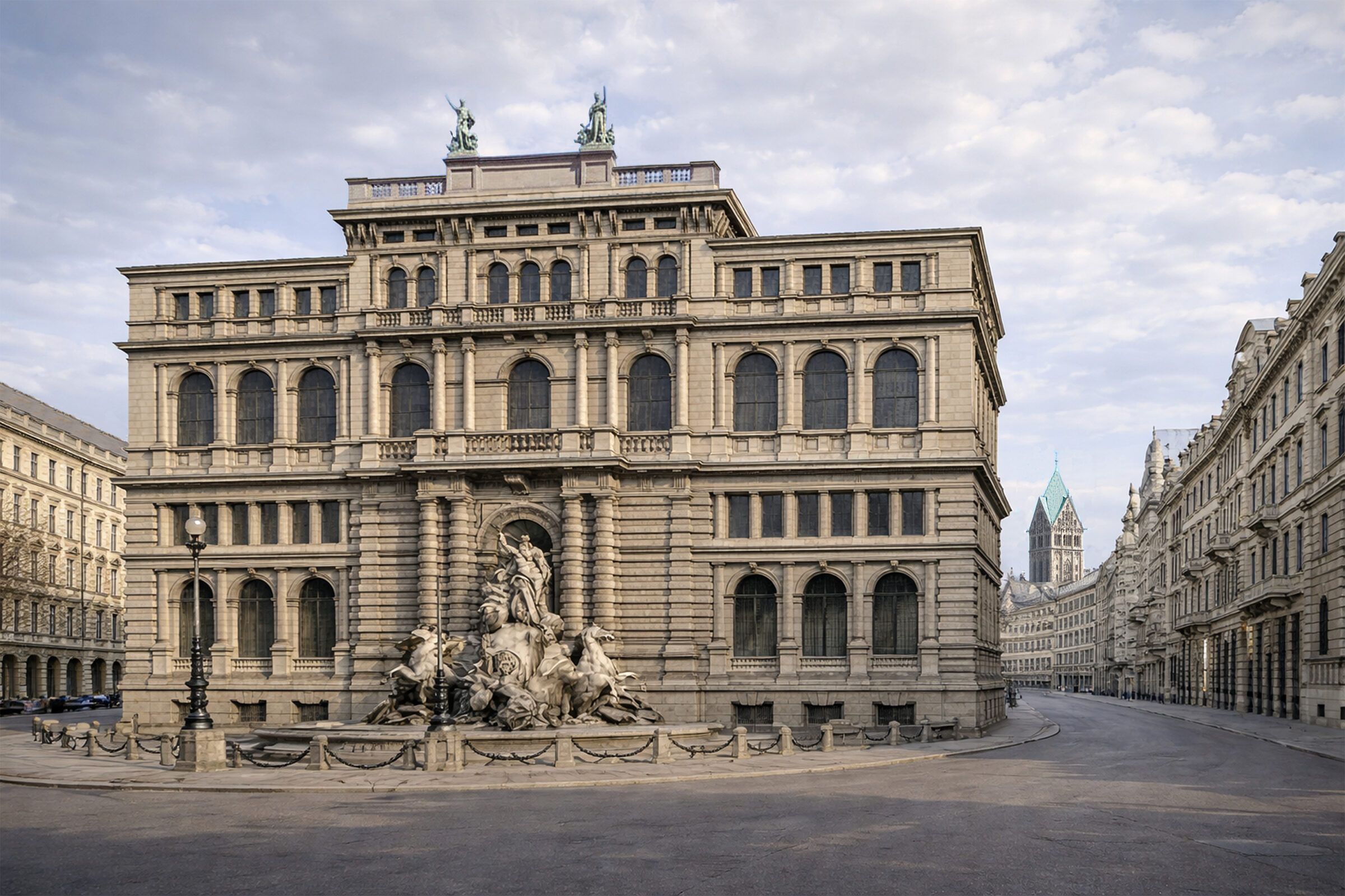 Platz mit Brunnengebäude an einem östlichen Hofgartentor