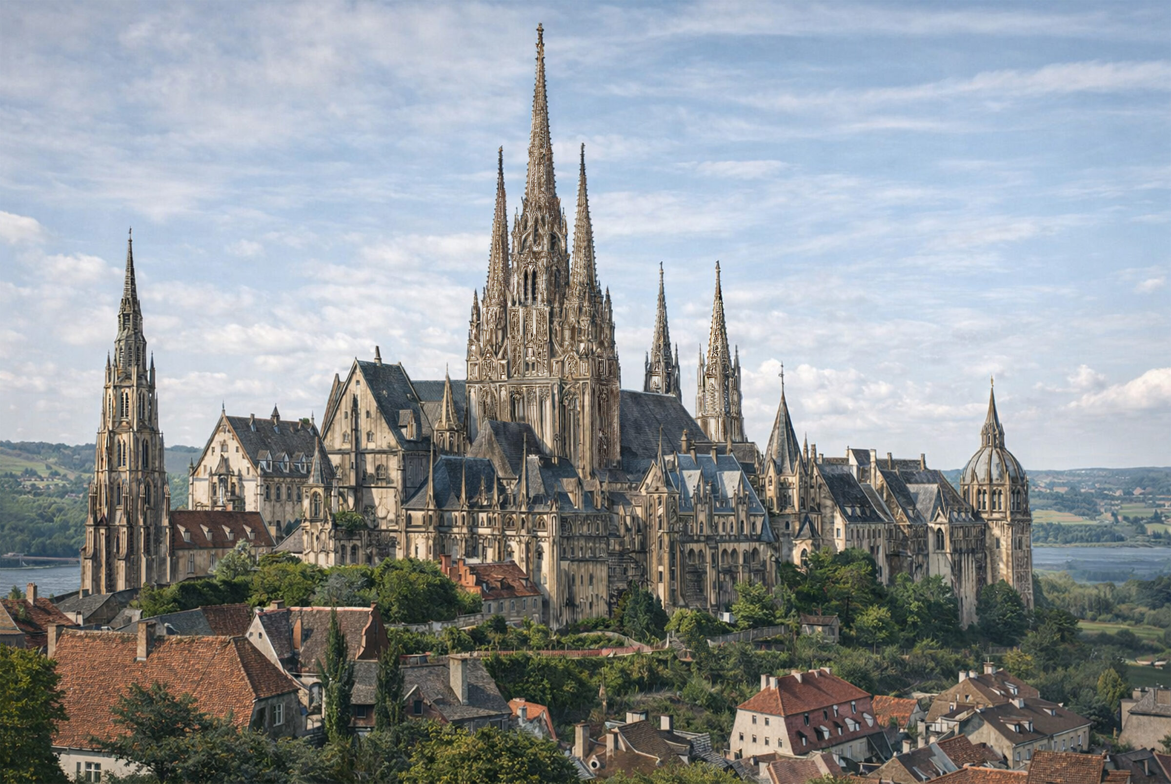 Variante für Meißener Dom als Dreiturmfassade mit durchbrochenen Steinhelmen bis 125 Meter Höhe.