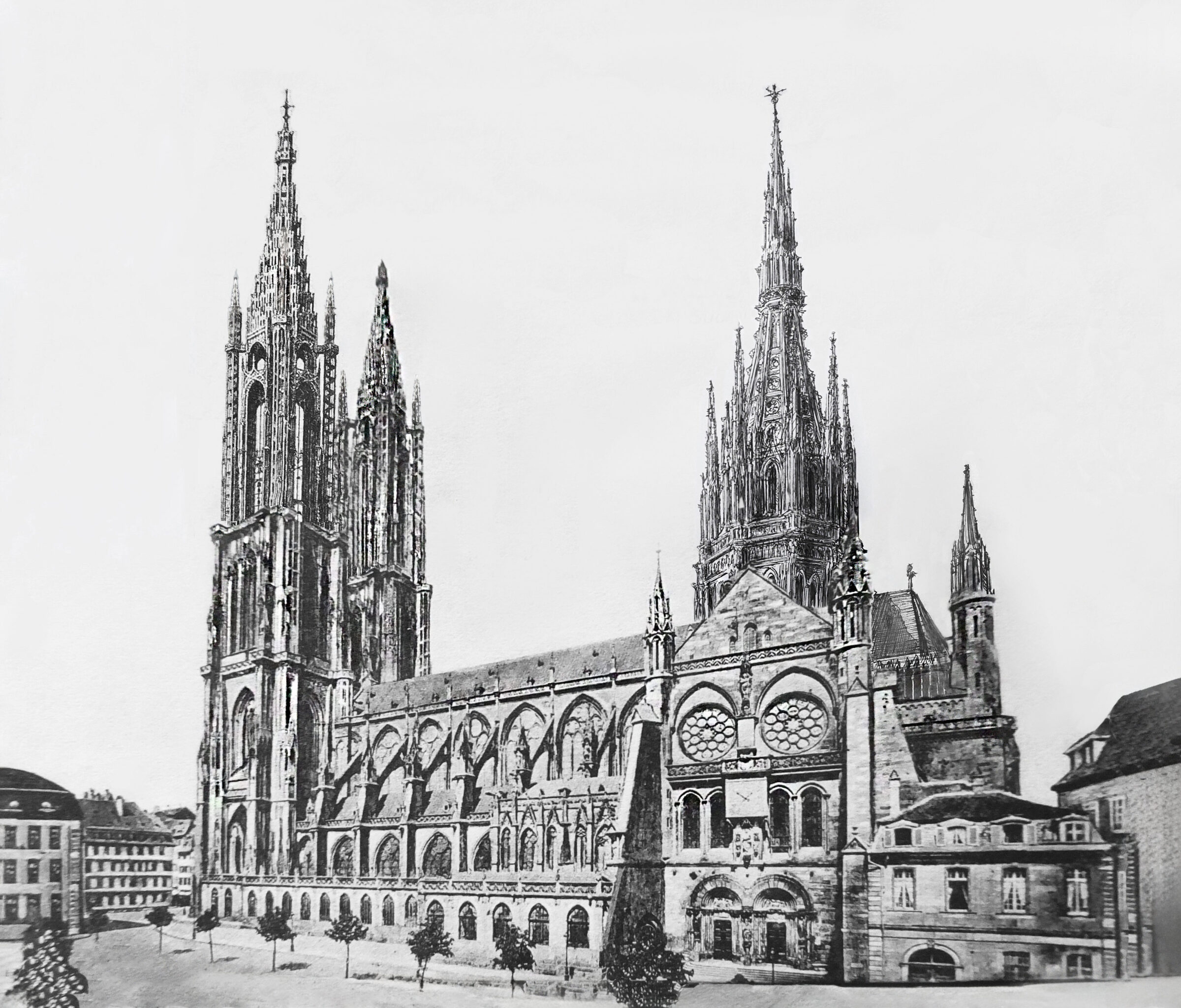 Straßburger Münster. Perspektivische Ansicht des Projektes nach Hültz mit vervollständigten Türmen und neuer Chorapsis.