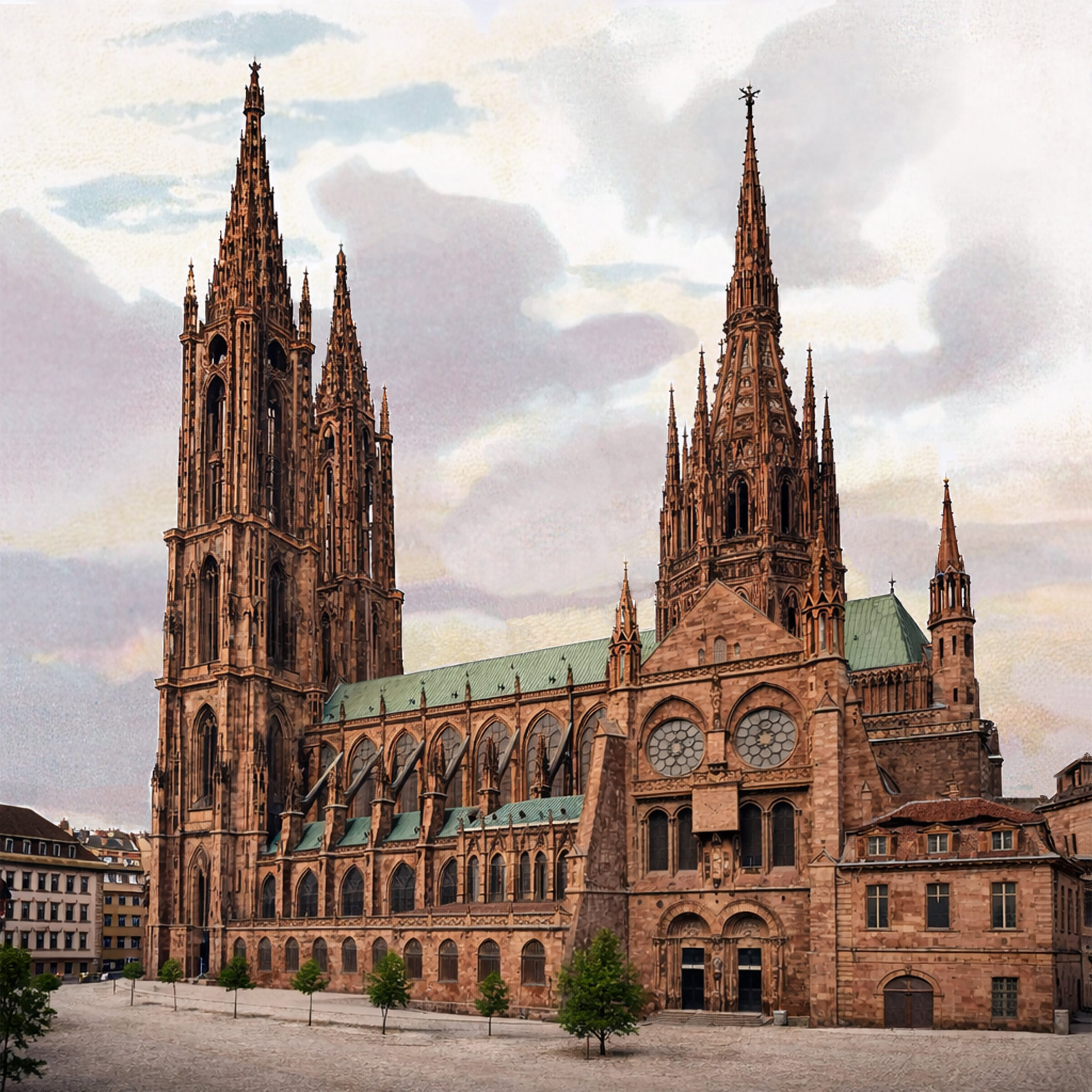 Großer Plan der Vollendung zum Straßburger Münster in Farbe