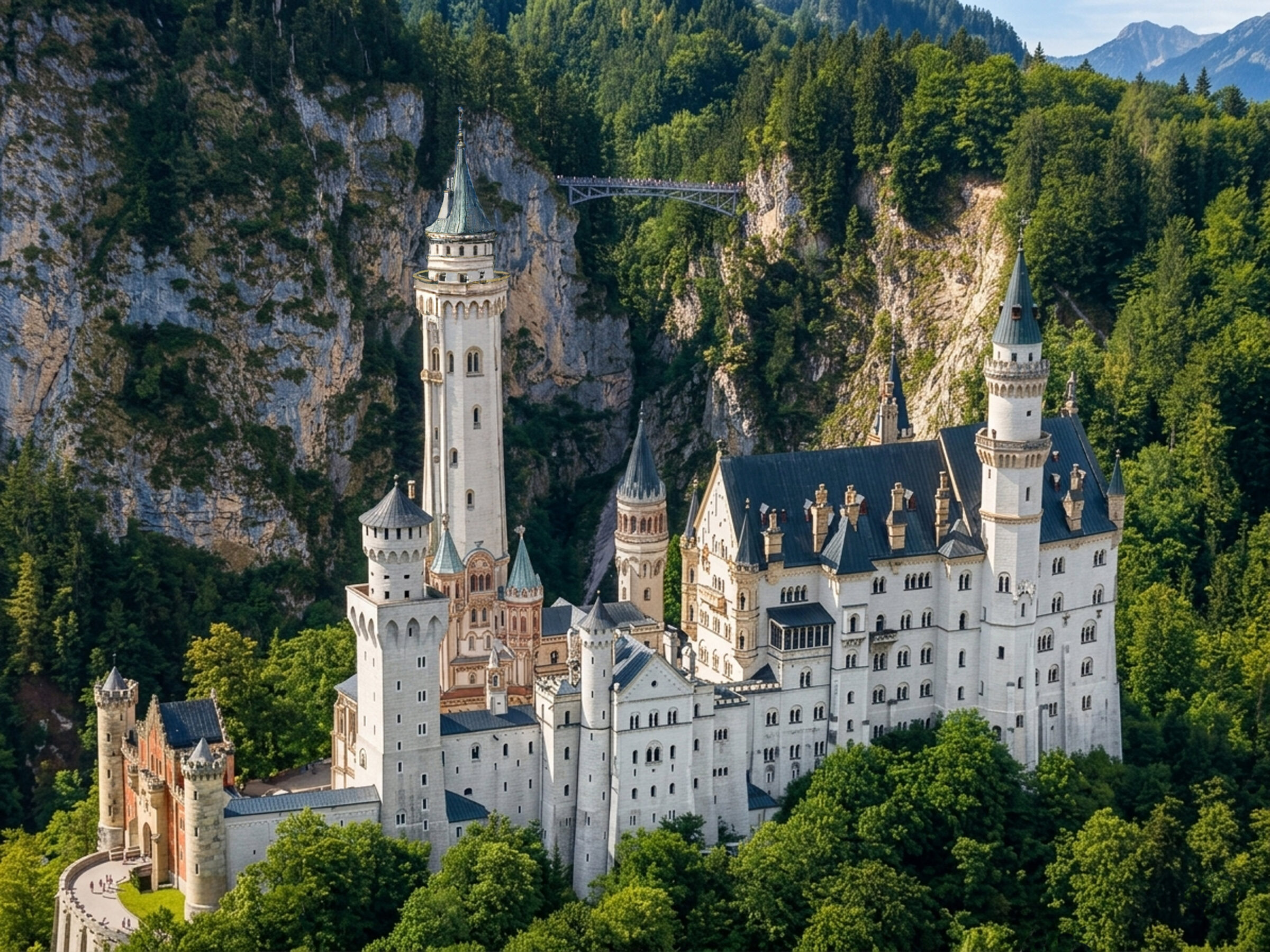 Die Gesamtanlage mit dem hohen Bergfried und dem Turm an der Kemenate. Im Hintergrund die Pöllatschlucht