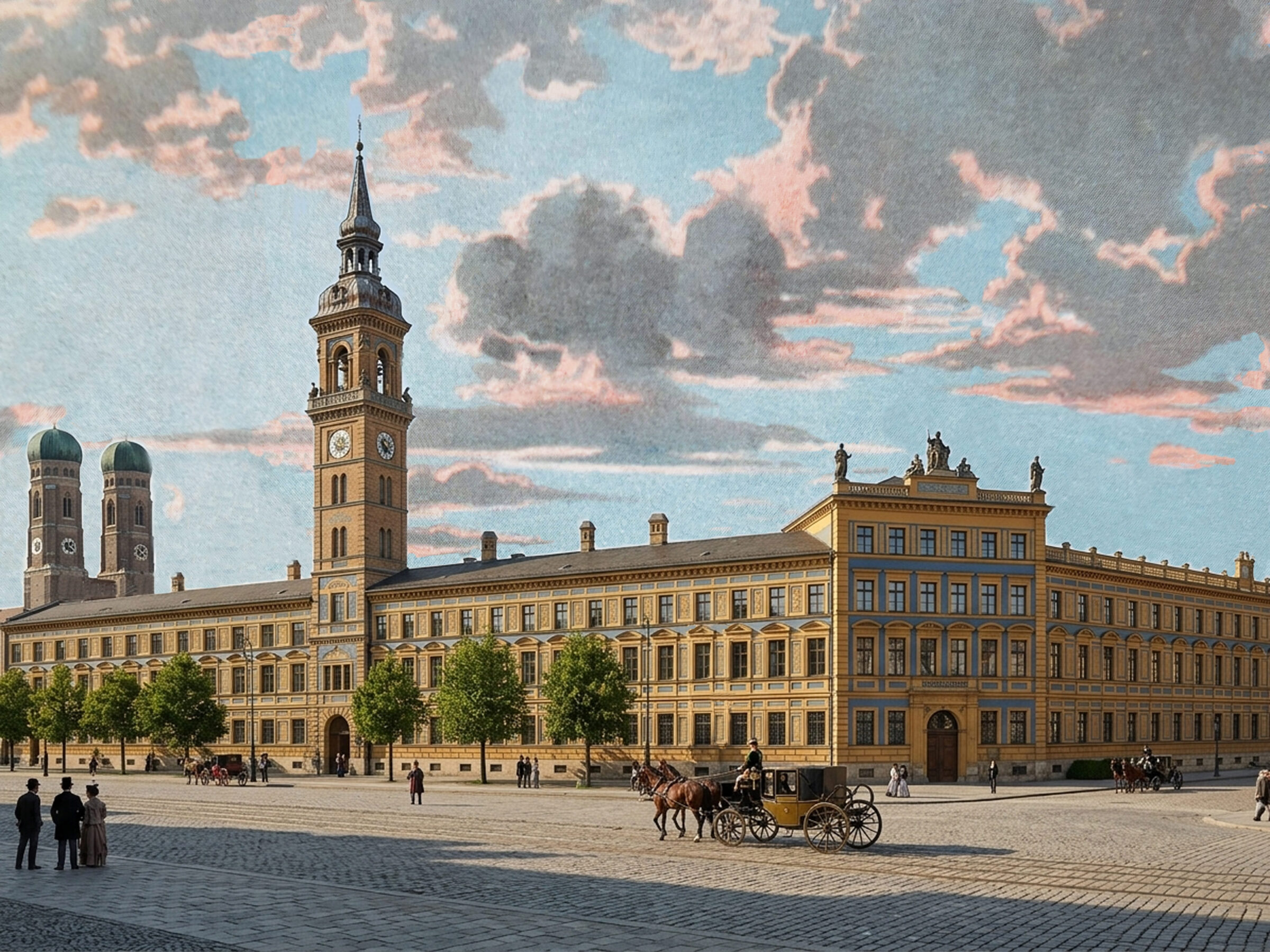 Die Maxburg mit erhöhtem Turm und farbig gefasster Fassade