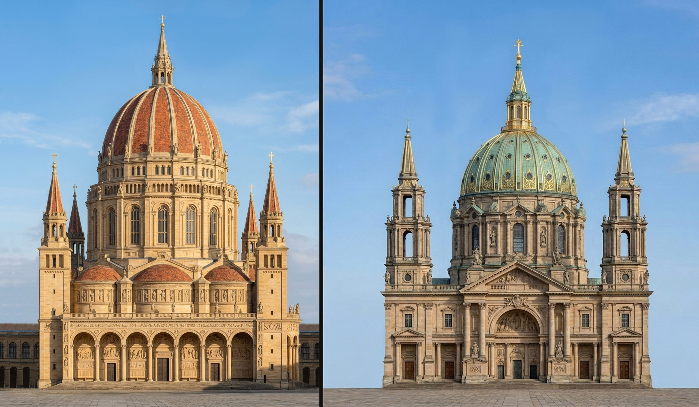 Vergleichende Gegenüberstellung modifizierter Berliner Domentwürfe frei nach Bernhard Kolscher 1867 und Karl Julius Raschdorff um 1895.
