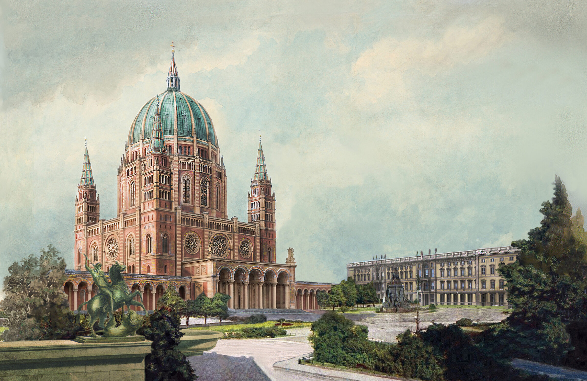 Dom Stülers in Perspektive vom Lustgarten. Ausführung in gelb-rotem Terracotta und Kupferdeckung der Kuppel.