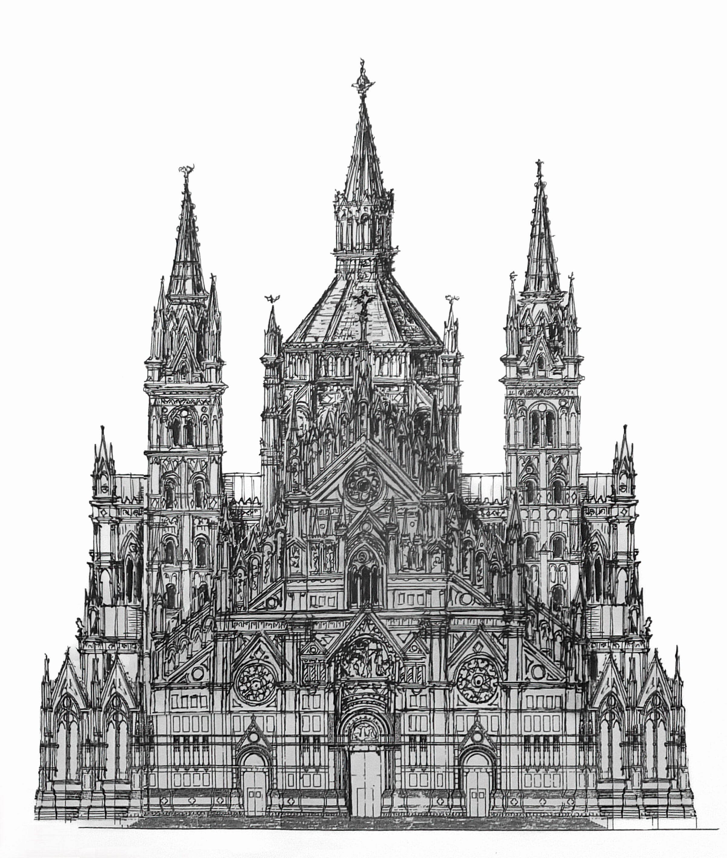 Entwurf der kleineren Vierungskuppel über dem Mittelschiff und den vier die Kuppel umgebenden Türmen an den Ecken der Vierung. Die Kuppel hat in Art romanischer Bauten noch ein klassisches Faltdach.